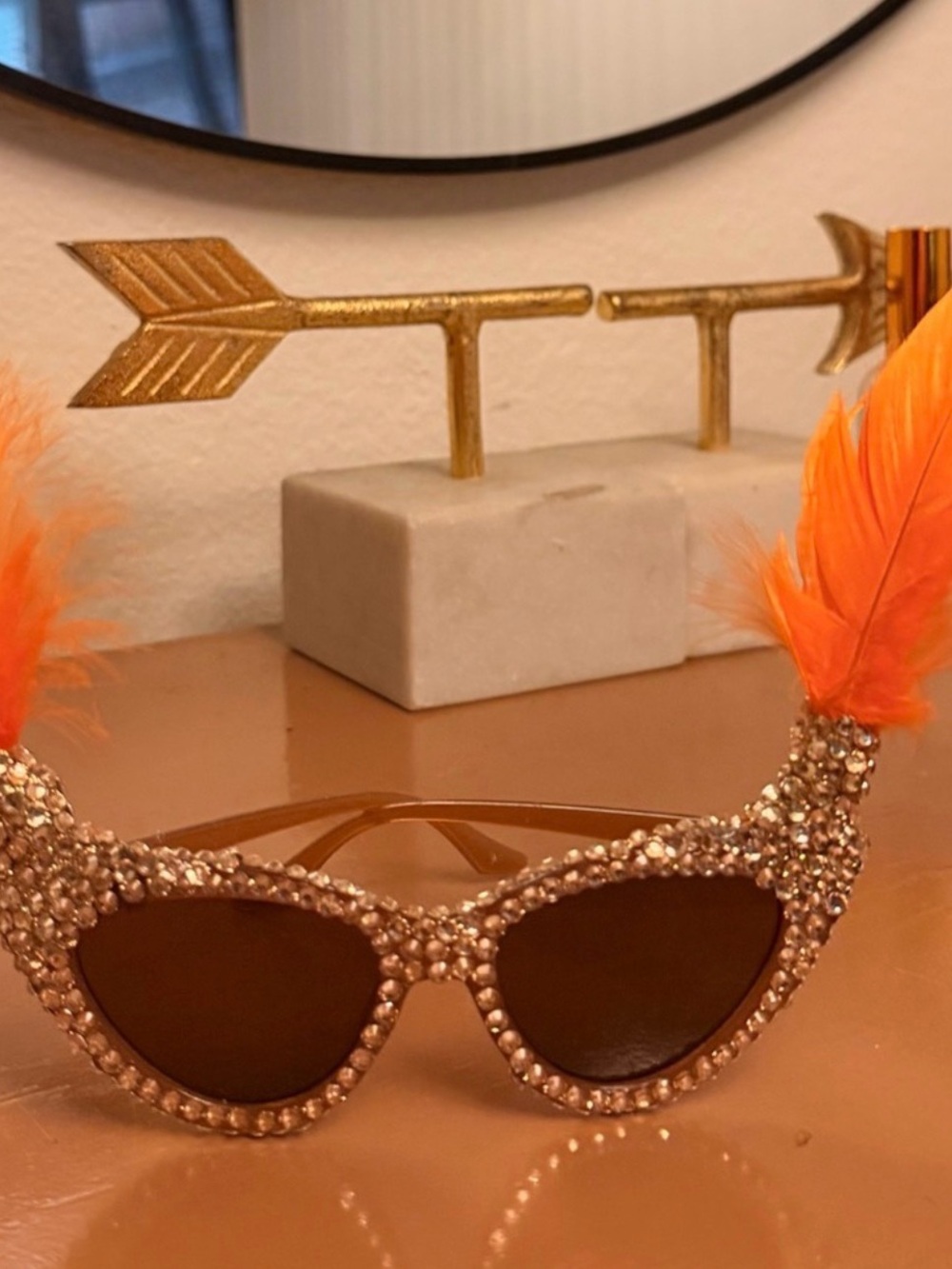 Embellished Orange Feather Cat-Eye Sunglasses